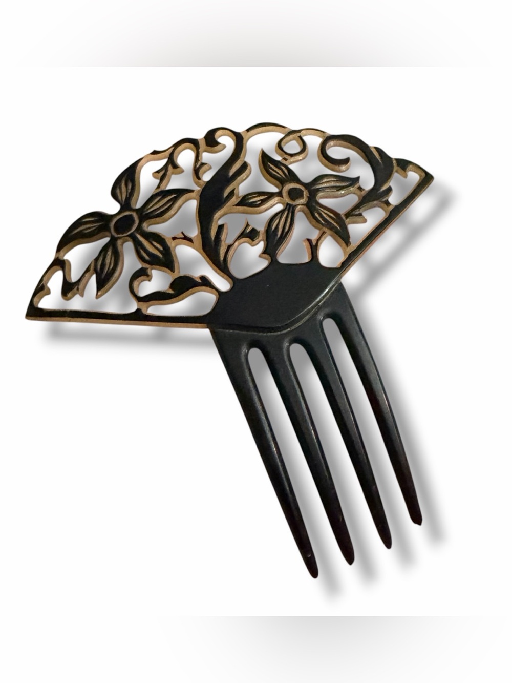 Art Deco Celluloid Hair Comb Black over Light Yellow Two Tone